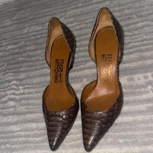 Salvatore Ferragamo Brown Leather Heels with Crocodile Texture
